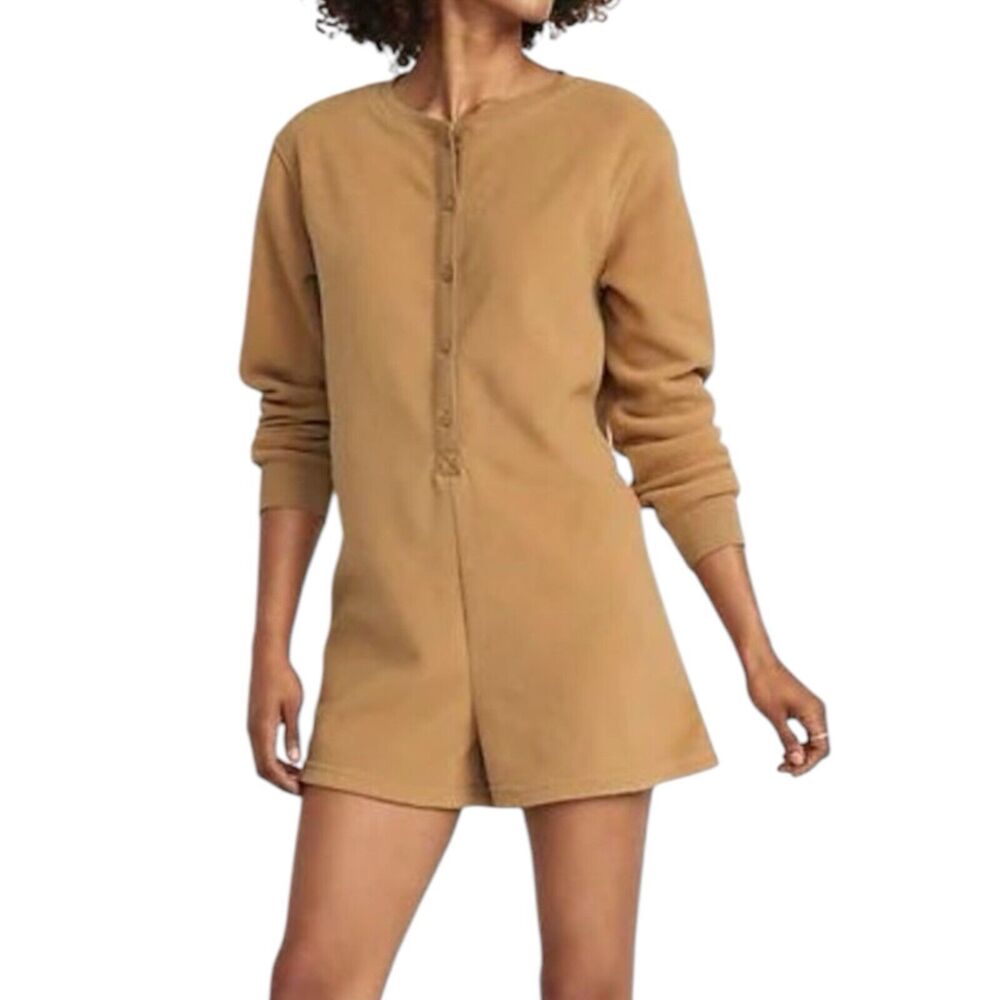 Old Navy Tan Long Sleeve Henley Fleece Pajama Romper Women’s Size Large